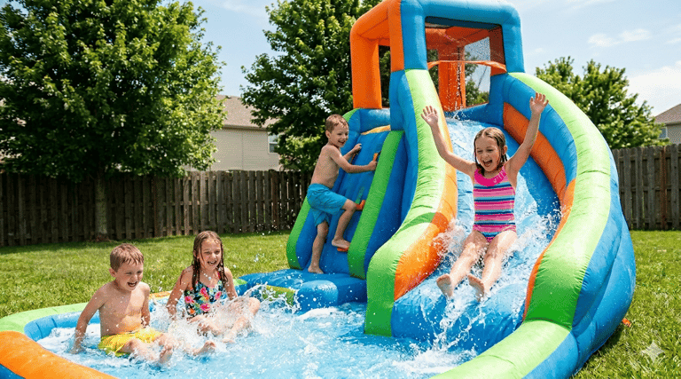 kids on a backyard inflatable water slide