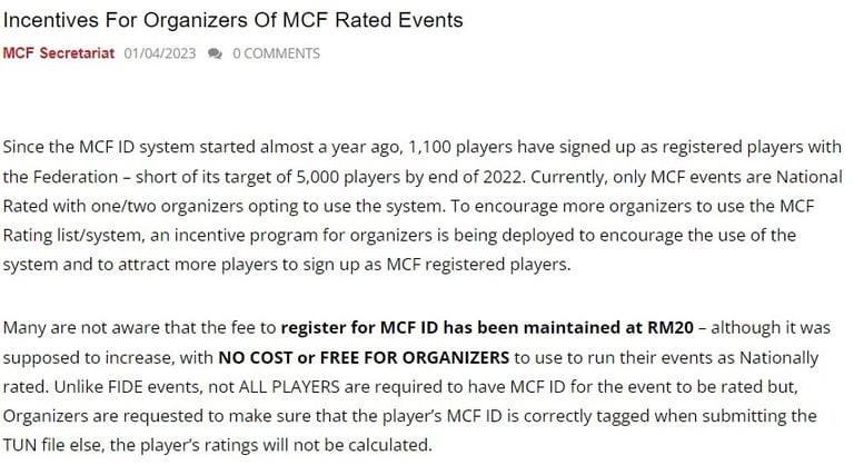 Incentives For Organizers Of MCF Rated Events. Malaysian Chess Federation. Malaysia Chess.