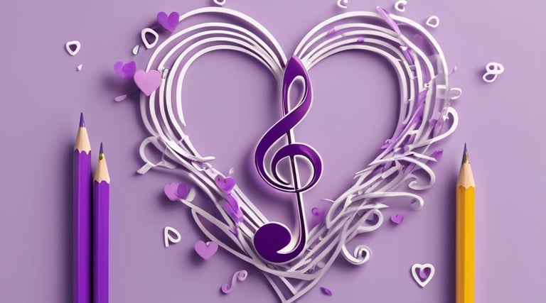 A Heart shaped design with a treble clef and pencils.