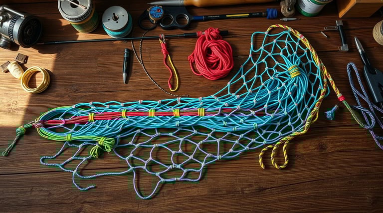A fishing net being constructed from colorful paracord, surrounded by fishing gear and tools.