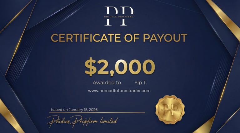 Phidias Prop Firm Payout Certifcate for Nomad Futures Trader