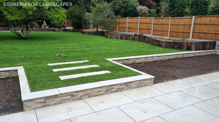 800m2 Full Garden Remodel Curved Sleeper Retaining Wall Planters, Lawn & Split-face Tiled Wall Step