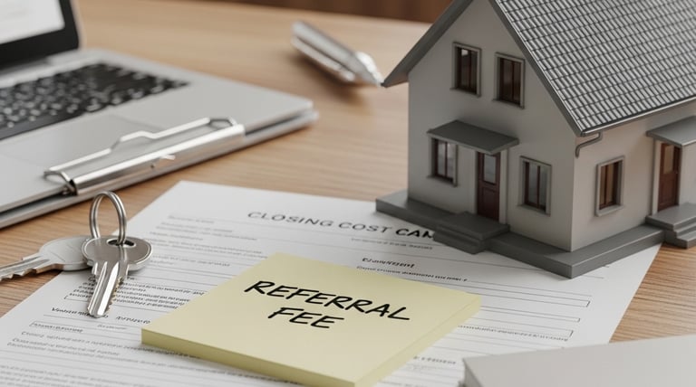 House model, keys, and closing cost documents with a note labeled referral fee on a desk