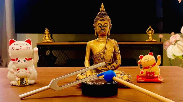 diapason, maillet, boudha et chats porte-bonheur - le loup et le hibou