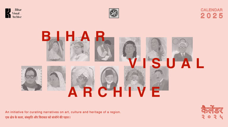 Calendar cover for the Bihar Visual Archive featuring portraits of historical figures from Bihar