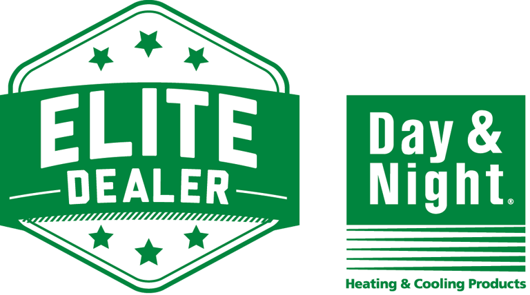 Day & Night Heating and Cooling Products Elite Dealer logo in green and white.