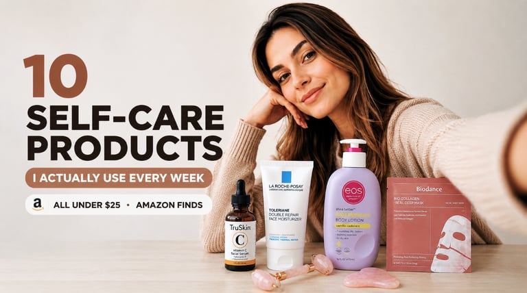 Ten self care products for women arranged on a marble surface including serums, toner and face tools.