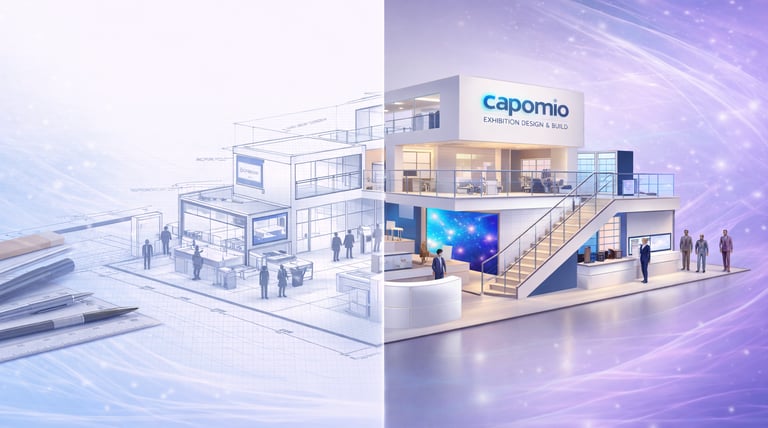 A split image showing a technical blueprint transitioning into a modern 3D exhibition stand design by Capomio.