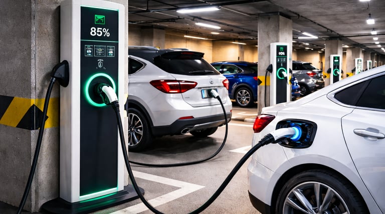 Carros elétricos carregando em uma estação de carregamento pública