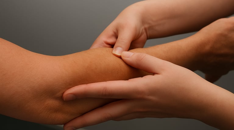 Physiotherapist applying manual therapy for tennis elbow pain.