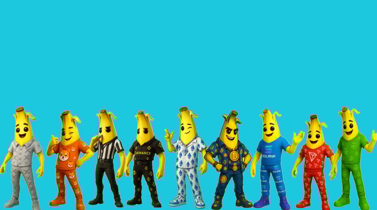 a group of five bananas and a man in a costume