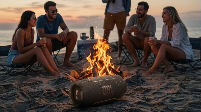 Enceinte portable JBL Xtreme 5 posée sur le sable au premier plan d'un feu de camp entre amis sur la plage