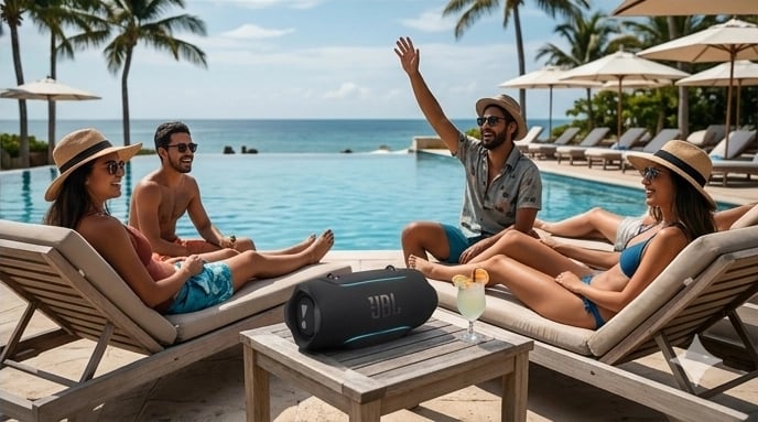 Enceinte JBL Xtreme 5 noire posée sur une table en bois au bord d'une piscine à débordement avec des amis sur des transats