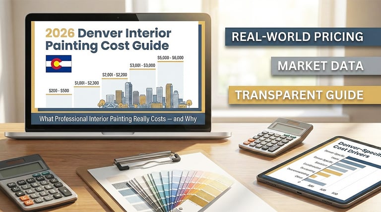 Infographic showing 2026 Denver interior painting cost data, including price per square foot and mar