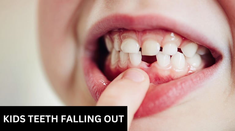A KID KEEPING HANDS ON LIPS WITH MOUTH OPEN TO SHOW FALLEN LOWER ANTERIOR TEETH