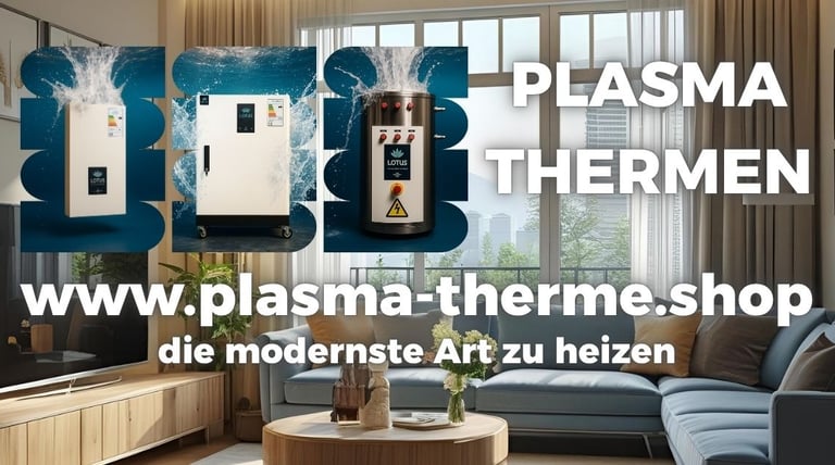Werbebanner für Utet Lotus Plasma-Thermen: Drei Heizgeräte vor modernem Wohnzimmer, mit Text ‚Plasma Thermen – www.plasma-the