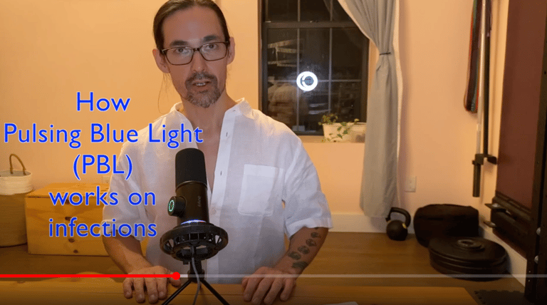 Click here to watch on youtube: how Pulsing Blue Light works on infections & microbes