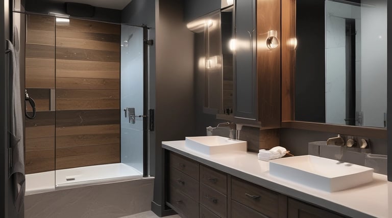 A cozy bathroom with new tiles, a glass shower, and elegant lighting.