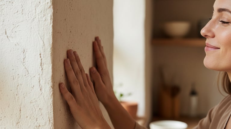 a woman with her eyes closed and her hands on the wall