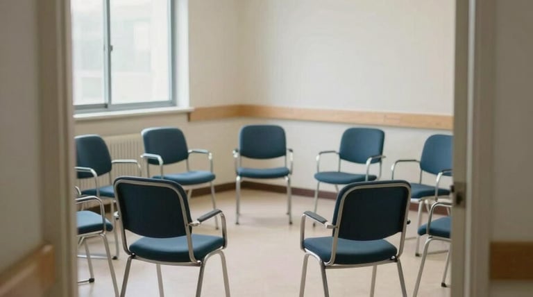 Wide shot from doorway of an empty clinical group therapy room — institutional chairs arranged in a circle on a light linoleum floor, cool natural light entering from a high side window, neutral walls, no people, quiet and orderly