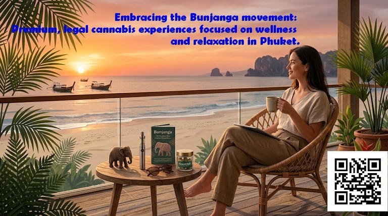 A mindful traveler enjoying the Bunjanga cannabis lifestyle experience on a luxury balcony at sunset in Thailand.