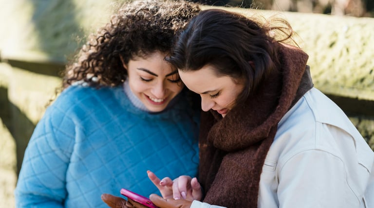 Mujeres usando el telefono mientras disfrutan su viaje