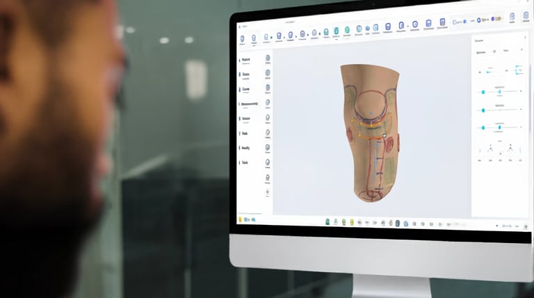 Prosthetist digitally designing a custom below-knee prosthetic socket using advanced CAD software