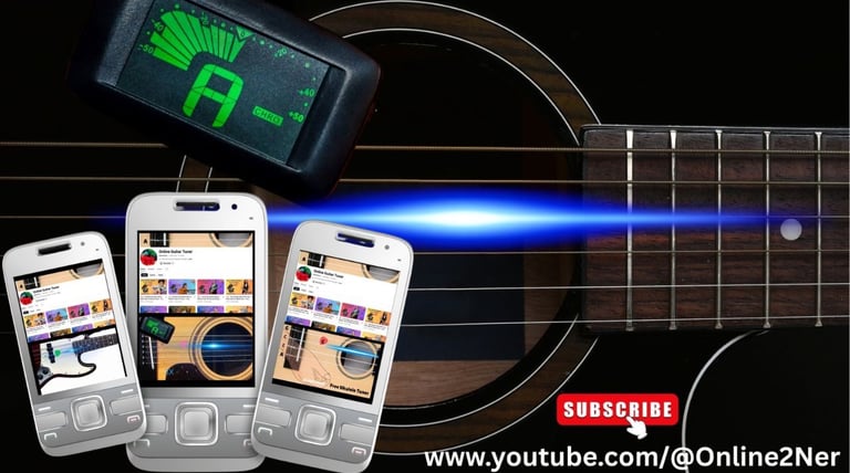 Digital chromatic guitar tuner and smartphones displaying online guitar tuning app tutorials over an acoustic guitar.