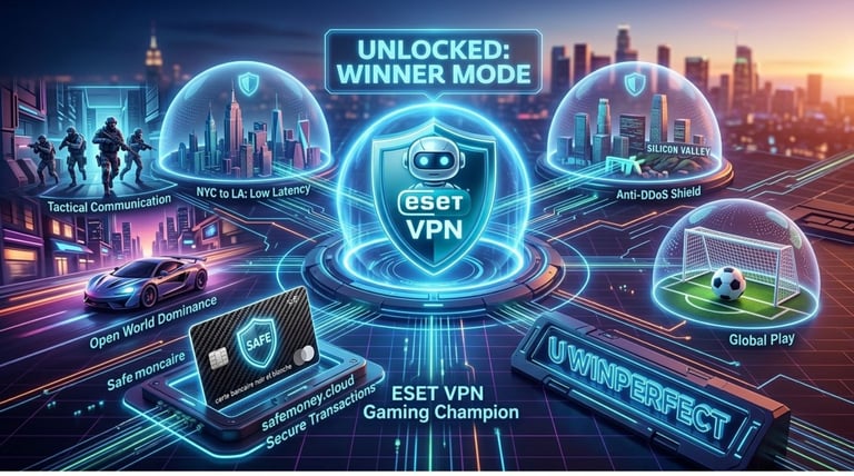 3D ESET VPN with UWINPERFECT victory screen and safemoney.cloud secure cards for US gamers.