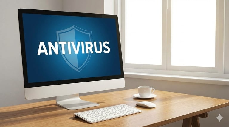 Computador ALL IN ON em uma mesa, em sua tela escrita a palavra Antivirus