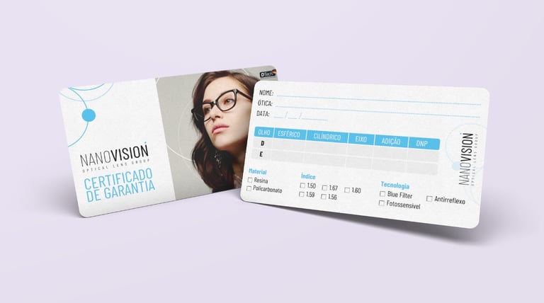 Nanovision optical lens warranty card featuring prescription details and a woman wearing stylish glasses.