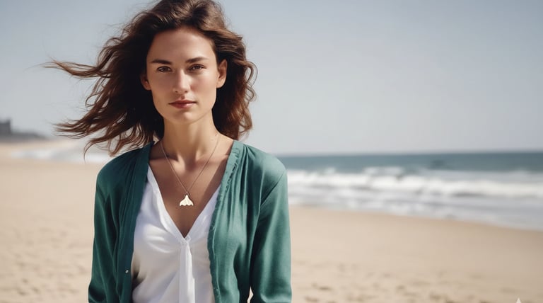 A woman wearing a green cardigan and gold whale tail necklace standing on a sunny beach.