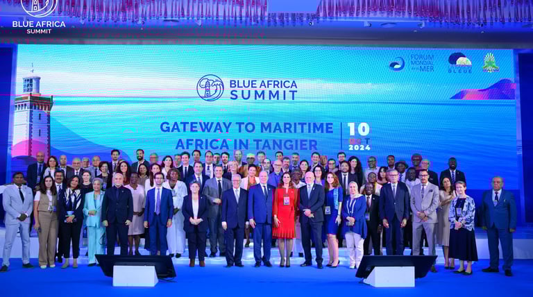 a group of people standing in front of a poster for the Blue Africa Summit
