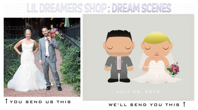 A photo of a bride and groom next to a cartoon drawing of the same people.