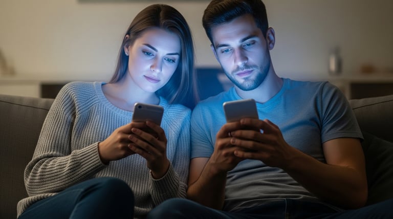 Casal distante emocionalmente enquanto usa celular, representando microtraições digitais