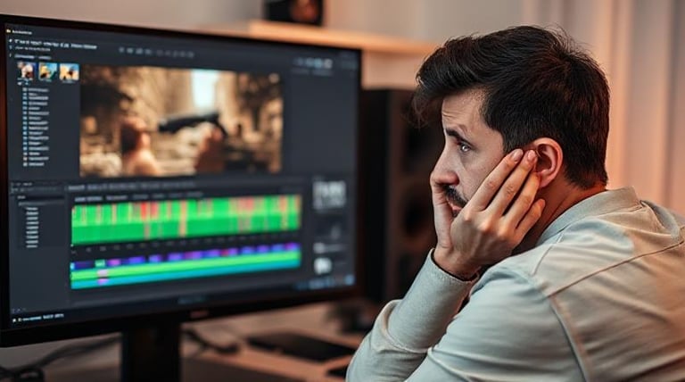 A person looking frustrated at a complex video editing software interface on a computer