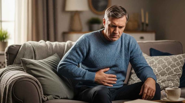 Homem de 55 anos no sofá com a mão no abdômen expressando desconforto, em sala iluminada, ilustrando sintomas de má digestão.