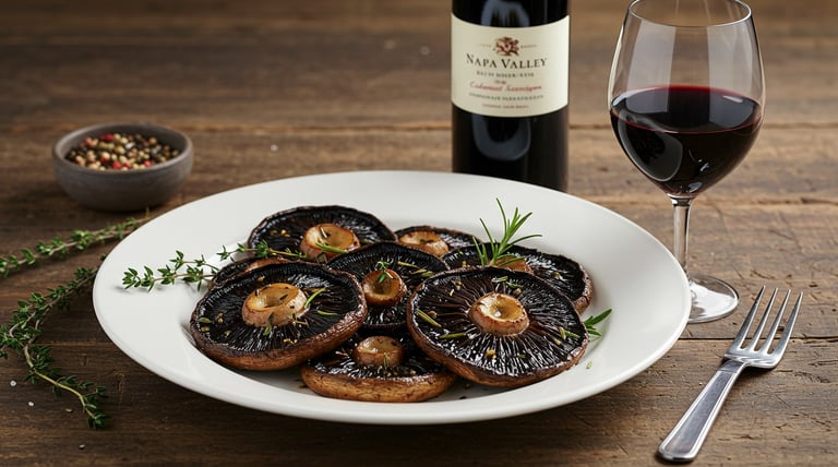 a plate of mushrooms and wine in a white plate