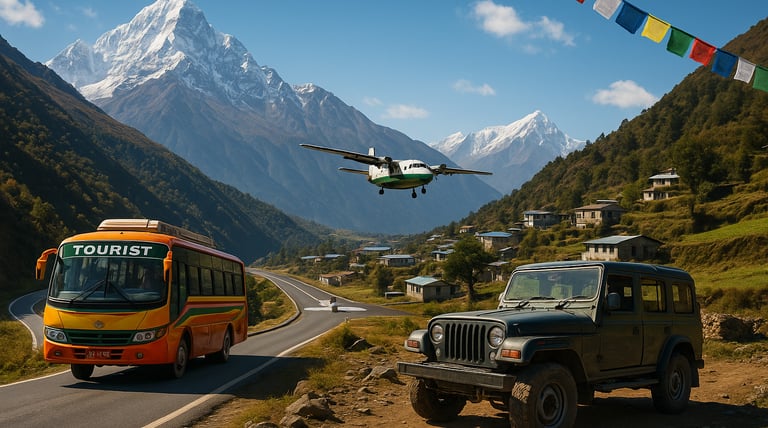 Transportation in Nepal showing a colorful tourist bus, rugged jeep, and small propeller plane near Lukla, with Himalayan mou