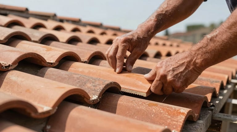 Close-up photography of traditional Italian terracotta roof tiles being expertly laid by a craftsman. The scene is set in Vicenza, Southern Europe, during a bright clear day. The focus is on the precision of the installation and the high-quality materials, conveying durability and technical expertise. Natural, warm lighting.