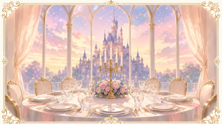 Elegant banquet table set for dinner with a golden candelabra overlooking a fairy tale castle sunset.