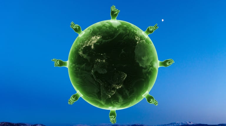Planeta terra em verde com várias mãos fazendo sinais num céu azul