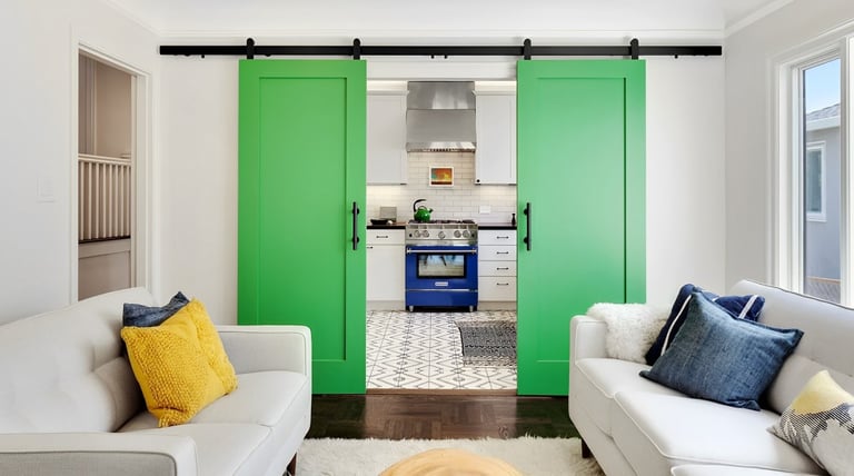 a living room with a green sliding door