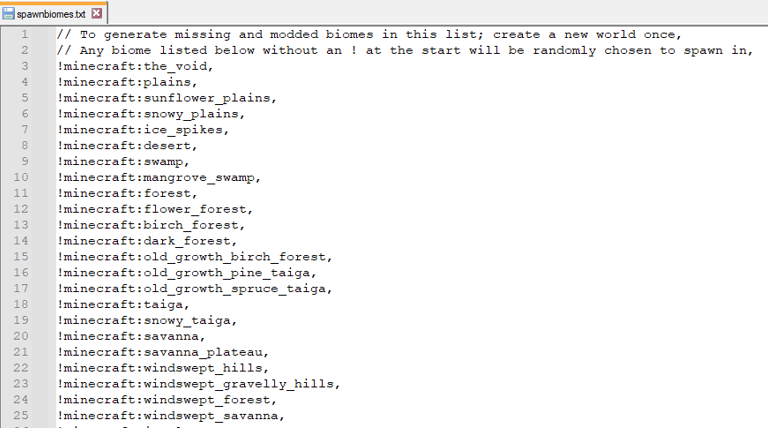 biomespawnpoint.txt file from the Biome Spawn Point mod on Minecraft