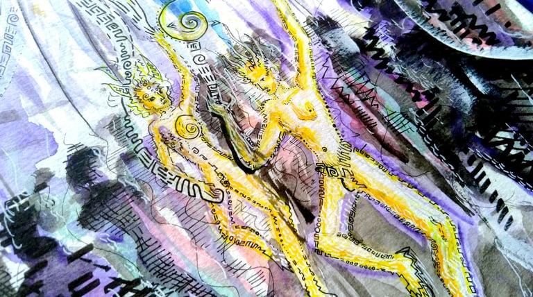 aquarelle aux tons violets et jaunes représentant l'arrivée d'êtres de lumière à contresens dans la 