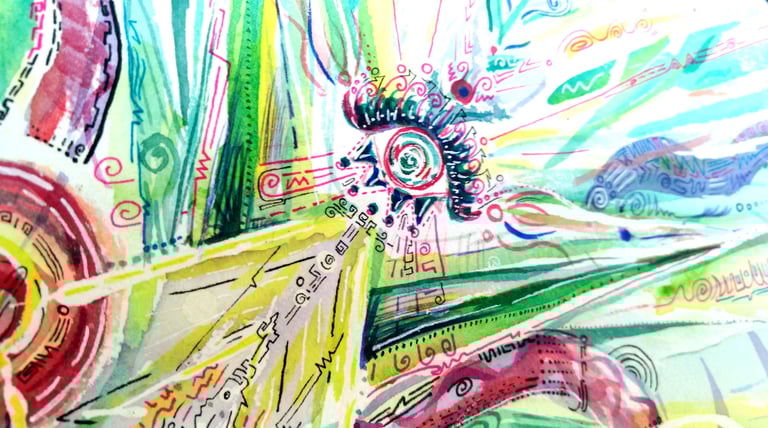 Aquarelle aux tons colorés entre l'abstrait et le cocret, pouvant représenter une frontiere entre mer et ciel, un uterus, etc