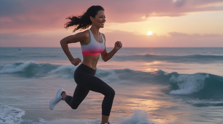 a woman running on the beach at sunset