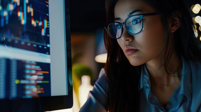 imagem de uma mulher jovem estudando no computador sobre inteligência financeira e gráfico.