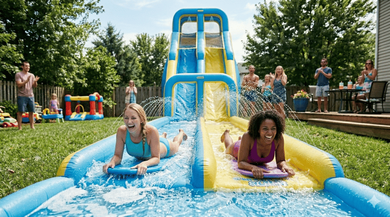 adult women sliding down a large inflatable water slide at a backyard party