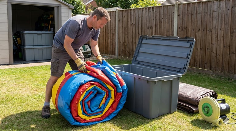 homeowner packing away inflatable slide in storage container